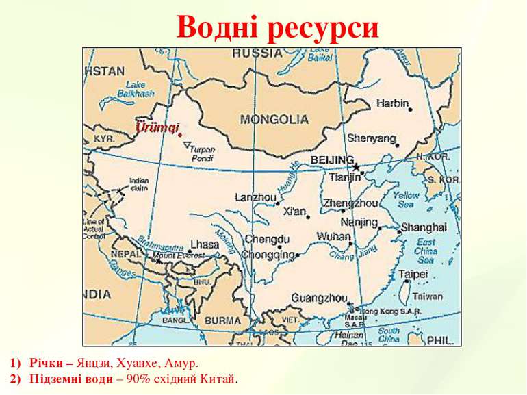 Водні ресурси Річки – Янцзи, Хуанхе, Амур. Підземні води – 90% східний Китай.