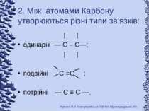 2. Між атомами Карбону утворюються різні типи зв’язків: | | одинарні ― С – С―...