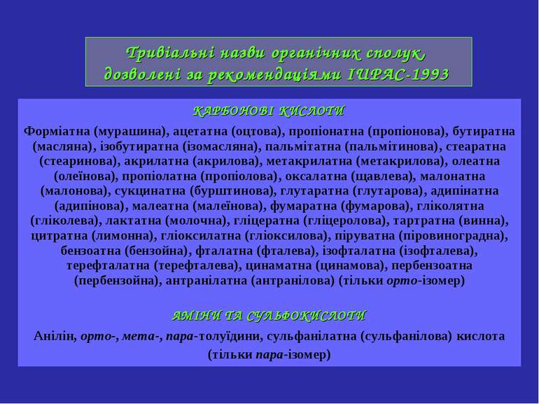 Тривіальні назви органічних сполук, дозволені за рекомендаціями IUPAC-1993 КА...