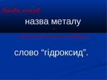 Назва основ назва металу + слово “гідроксид”. + Валентність римскими цифрами