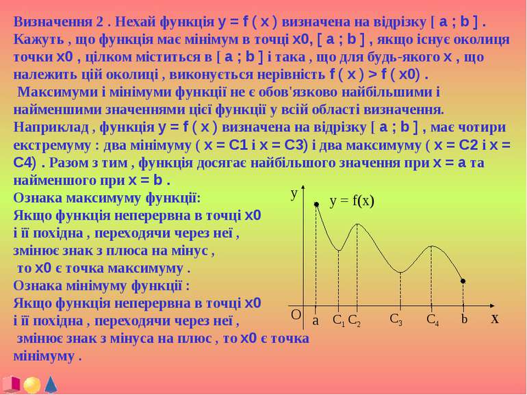 Визначення 2 . Нехай функція y = f ( x ) визначена на відрізку [ a ; b ] . Ка...