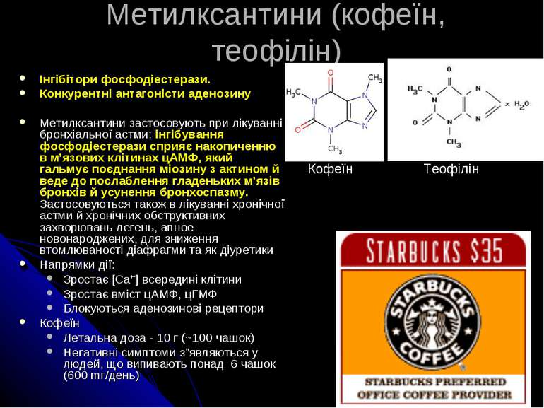 Метилксантини (кофеїн, теофілін) Інгібітори фосфодіестерази. Конкурентні анта...