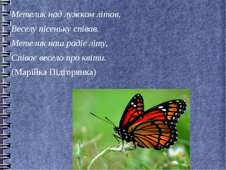 Метелик над лужком літав, Веселу пісеньку співав. Метелик наш радіє літу, Спі...