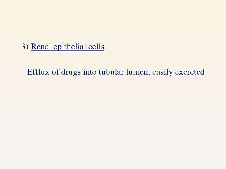 3) Renal epithelial cells Efflux of drugs into tubular lumen, easily excreted