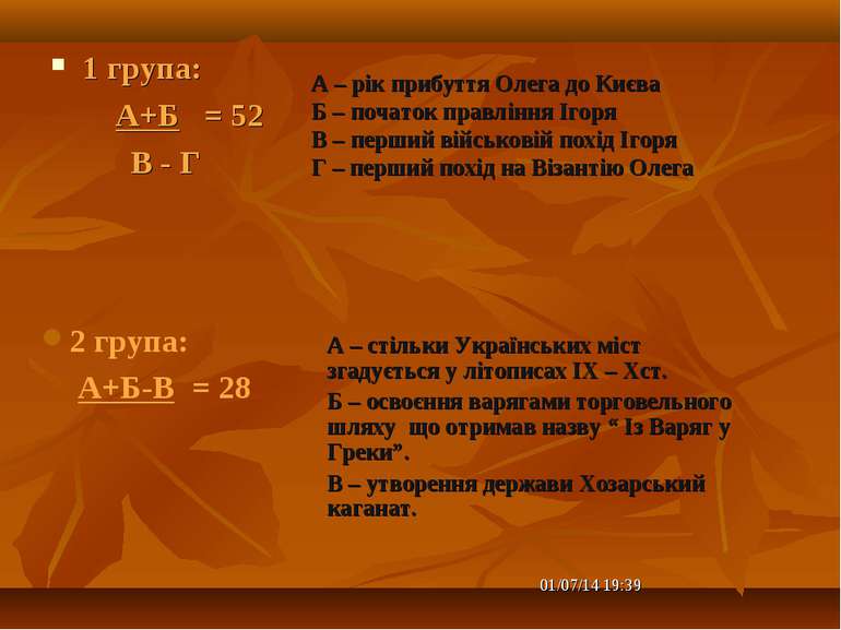 1 група: А+Б = 52 В - Г А – стільки Українських міст згадується у літописах I...