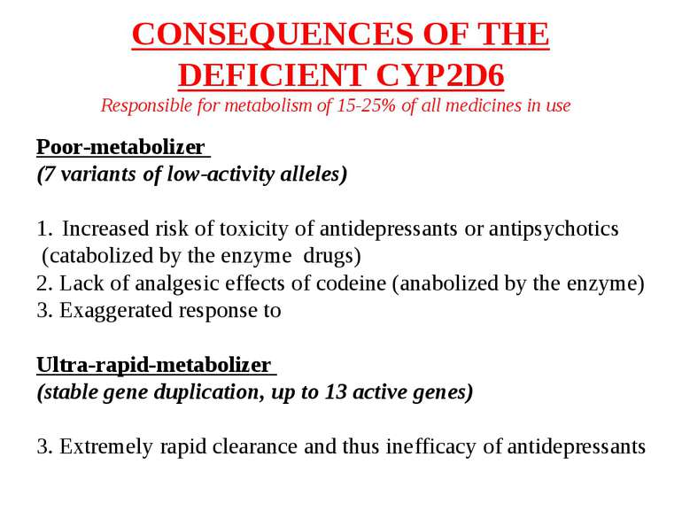 CONSEQUENCES OF THE DEFICIENT CYP2D6 Responsible for metabolism of 15-25% of ...