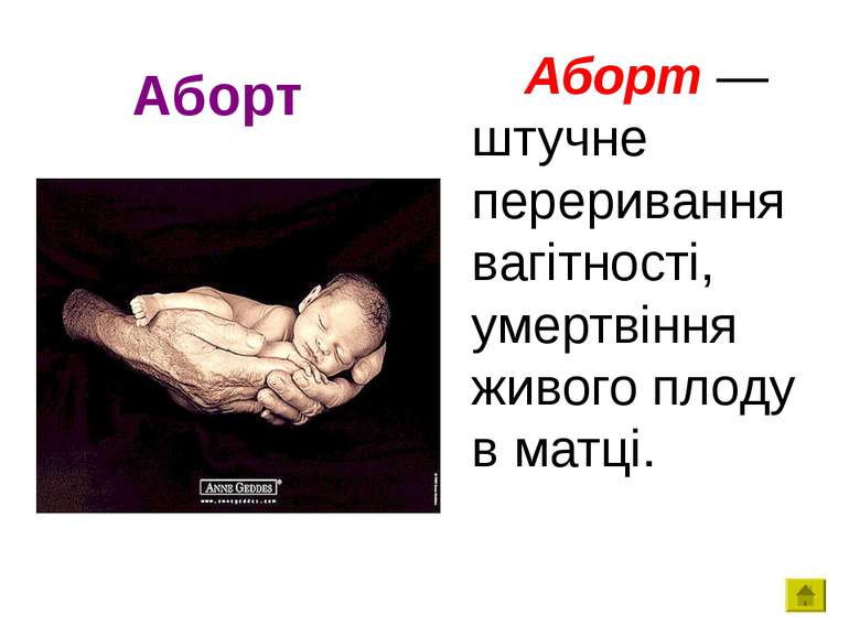 Аборт Аборт —штучне переривання вагітності, умертвіння живого плоду в матці.