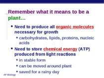 Remember what it means to be a plant… Need to produce all organic molecules n...