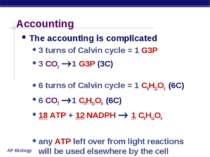 Accounting The accounting is complicated 3 turns of Calvin cycle = 1 G3P 3 CO...