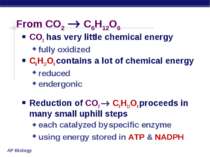 From CO2 C6H12O6 CO2 has very little chemical energy fully oxidized C6H12O6 c...