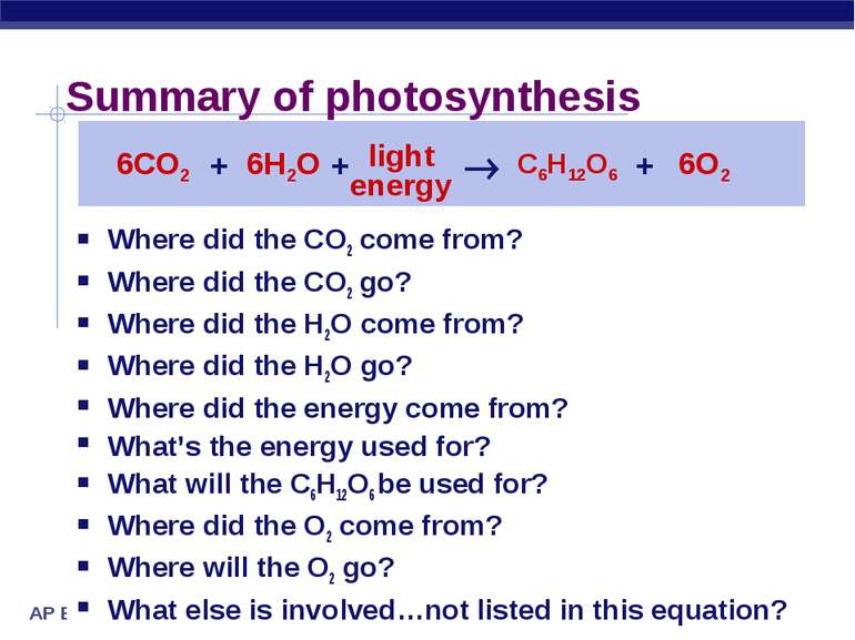 Summary of photosynthesis Where did the CO2 come from? Where did the CO2 go? ...