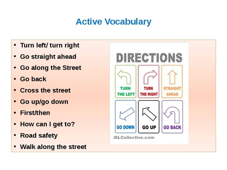 Active Vocabulary Turn left/ turn right Go straight ahead Go along the Street...