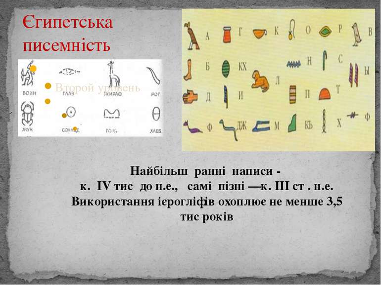 Єгипетська писемність Найбільш ранні написи - к. IV тис до н.е., самі пізні —...