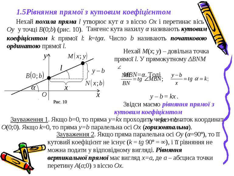 1.5Рівняння прямої з кутовим коефіцієнтом Нехай похила пряма l утворює кут α ...