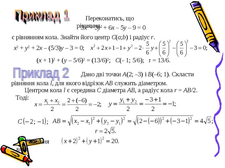 Переконатись, що рівняння 3x2 + 3y2 + 6x – 5y – 9 = 0 є рівнянням кола. Знайт...