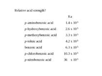 Relative acid strength? Ka p-aminobenzoic acid 1.4 x 10-5 p-hydroxybenzoic ac...