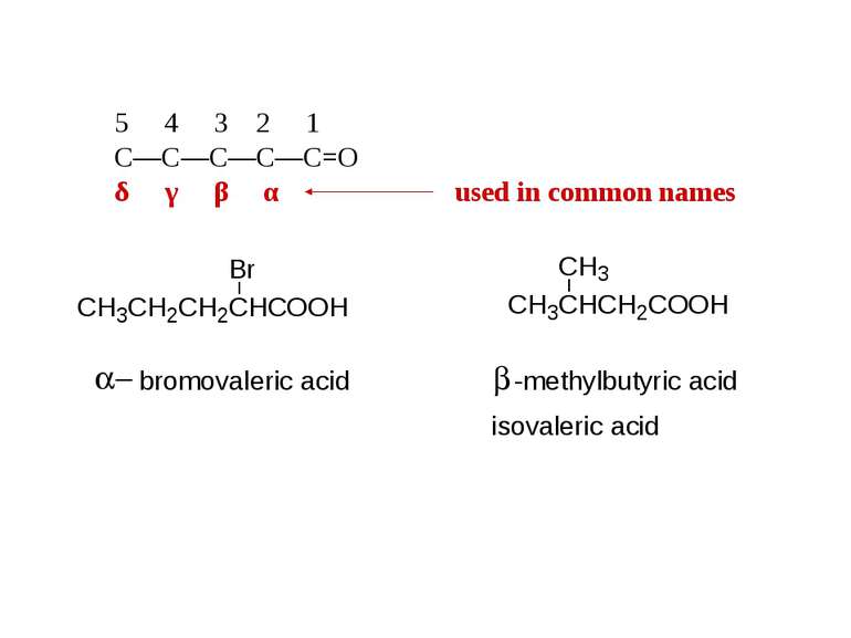 5 4 3 2 1 C—C—C—C—C=O δ γ β α used in common names