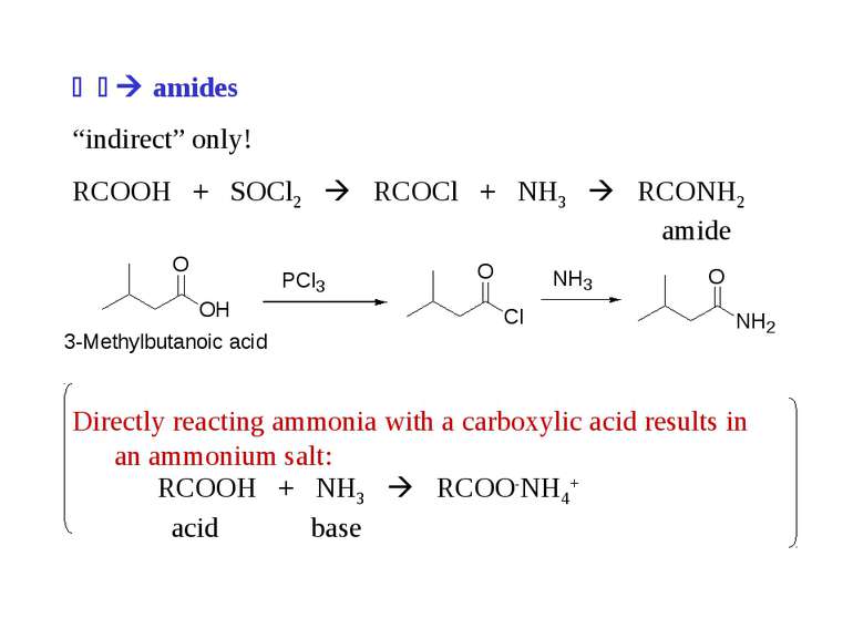 amides “indirect” only! RCOOH + SOCl2 RCOCl + NH3 RCONH2 amide Directly react...