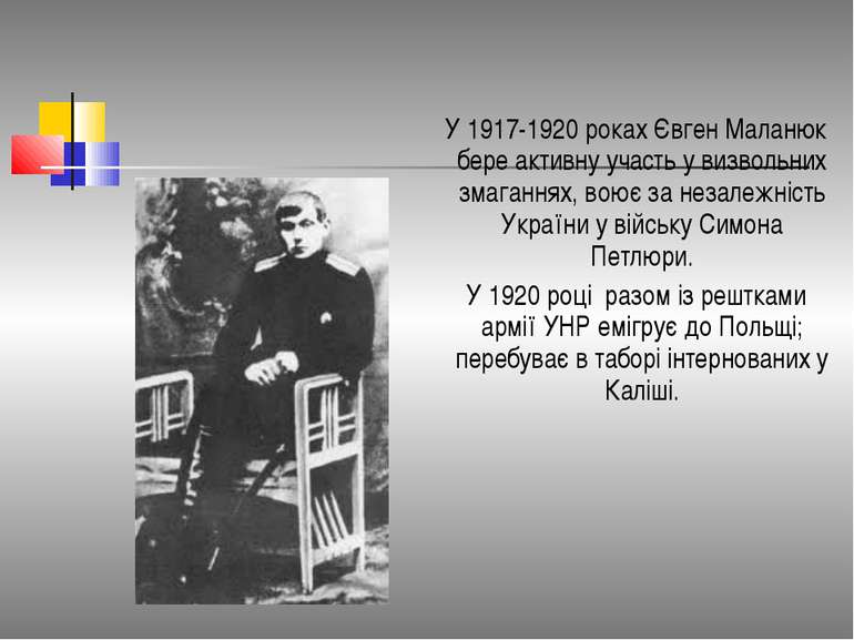 У 1917-1920 роках Євген Маланюк бере активну участь у визвольних змаганнях, в...