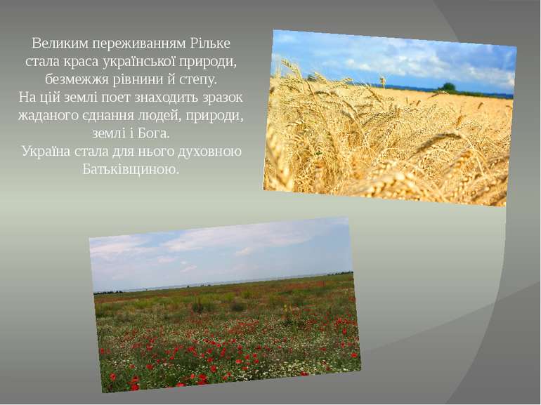 Великим переживанням Рільке стала краса української природи, безмежжя рівнини...