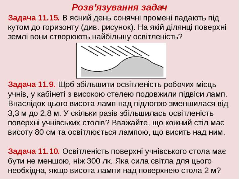 Розв’язування задач Задача 11.15. В ясний день сонячні промені падають під ку...