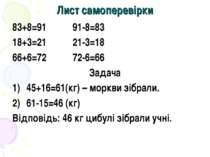 Лист самоперевірки 83+8=91 91-8=83 18+3=21 21-3=18 66+6=72 72-6=66 Задача 45+...