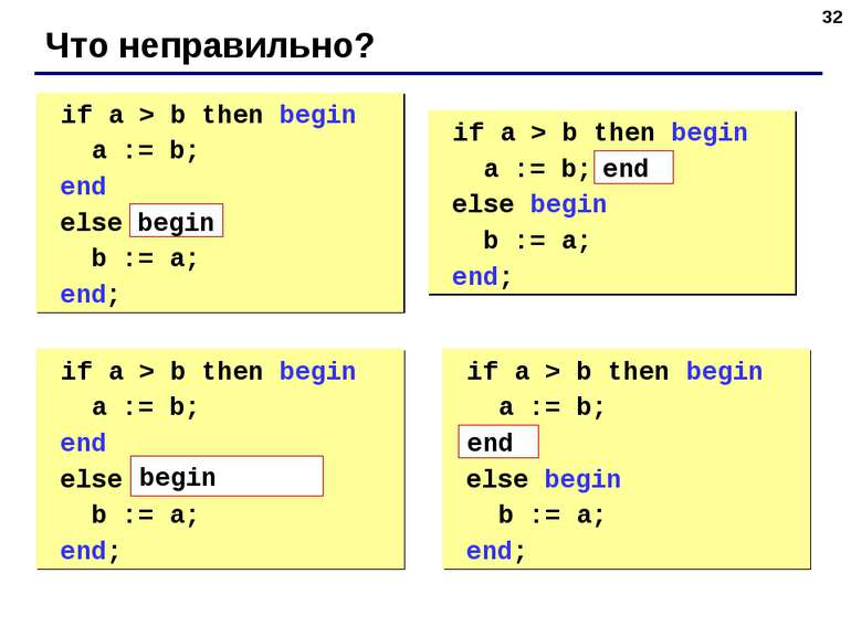 * Что неправильно? if a > b then begin a := b; end else b := a; end; if a > b...