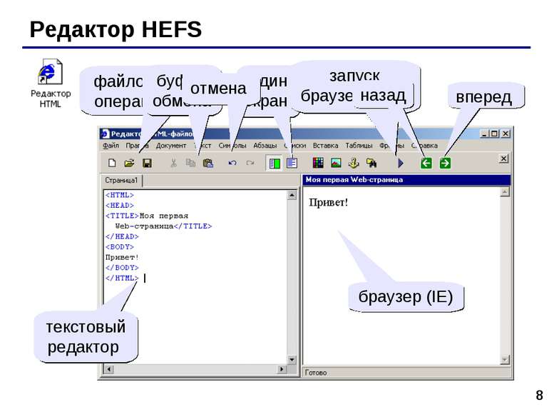 * Редактор HEFS файловые операции буфер обмена один экран запуск браузера (F9...