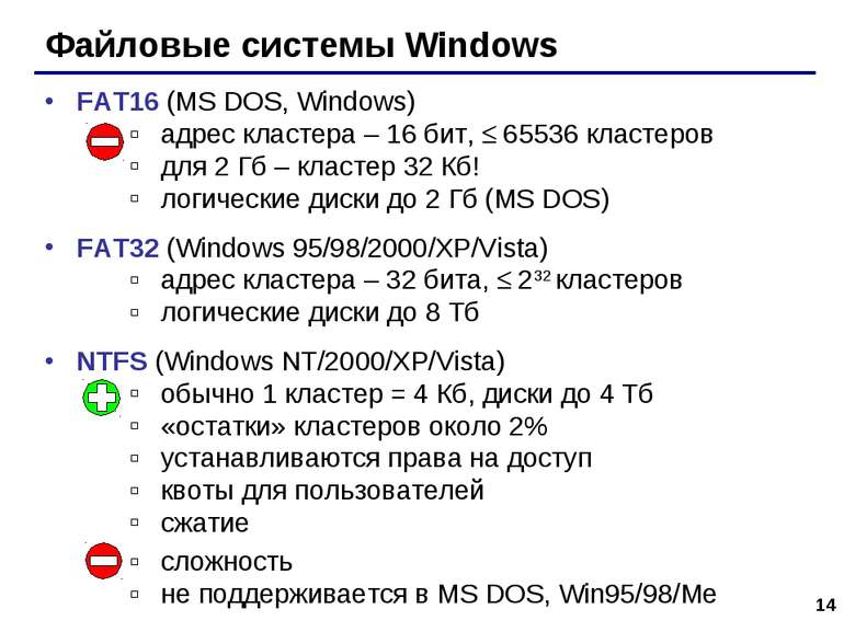 * Файловые системы Windows FAT16 (MS DOS, Windows) адрес кластера – 16 бит, 6...