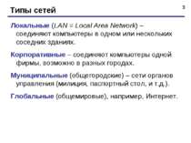 * Типы сетей Локальные (LAN = Local Area Network) – соединяют компьютеры в од...