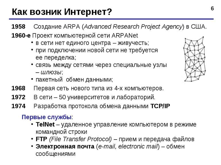 * Как возник Интернет? 1958 Создание ARPA (Advanced Research Project Agency) ...