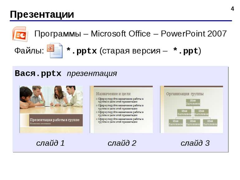 Презентации * Программы – Microsoft Office – PowerPoint 2007 Файлы: *.pptx (с...