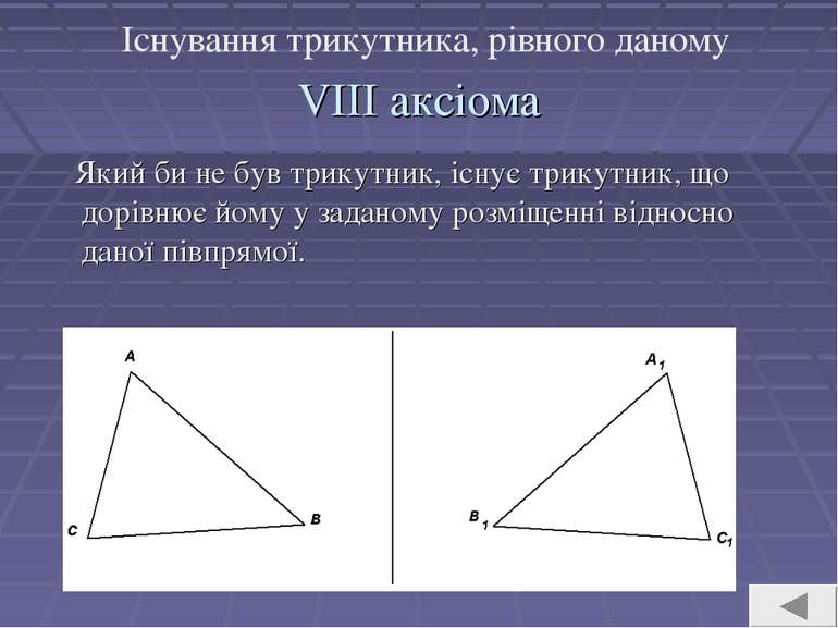 VIII аксіома Який би не був трикутник, існує трикутник, що дорівнює йому у за...