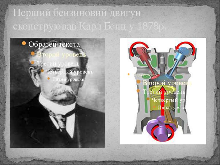 Перший бензиновий двигун сконструював Карл Бенц у 1878р.