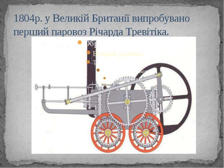 1804р. у Великій Британії випробувано перший паровоз Річарда Тревітіка.