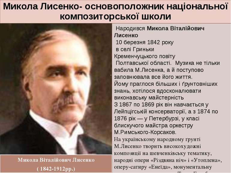 Микола Лисенко- основоположник національної композиторської школи Микола Віта...