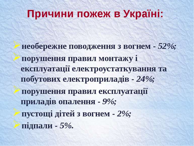 Причини пожеж в Україні: необережне поводження з вогнем - 52%; порушення прав...