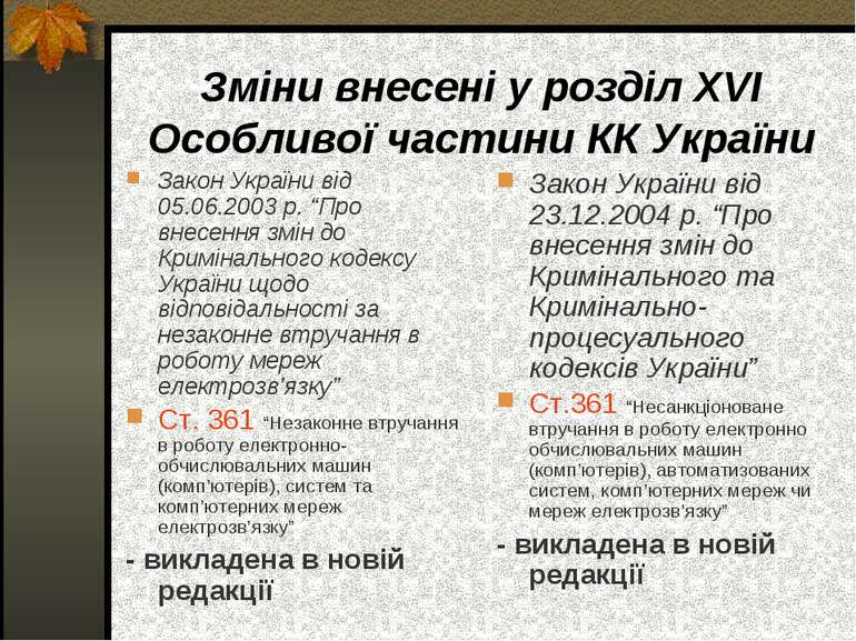 Зміни внесені у розділ ХVІ Особливої частини КК України Закон України від 05....