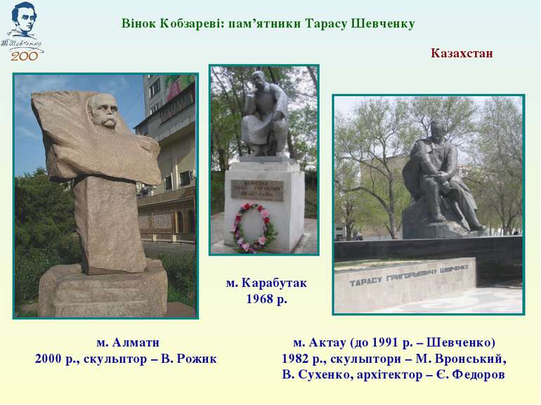 Казахстан м. Алмати 2000 р., скульптор – В. Рожик Вінок Кобзареві: пам’ятники...