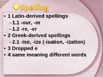 1 Latin-derived spellings 1.1 -our, -or 1.2 -re, -er 2 Greek-derived spelling...