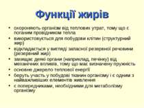 Функції жирів охороняють організм від теплових утрат, тому що є поганим прові...