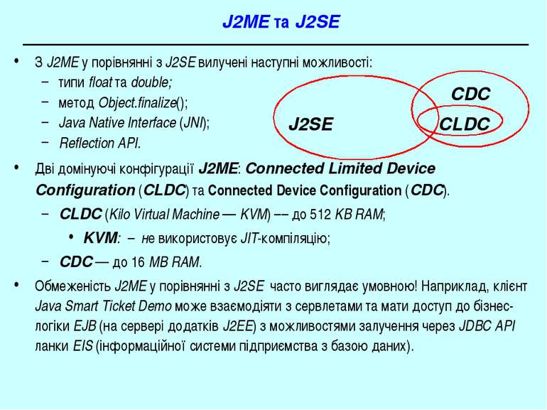 J2ME та J2SE З J2ME у порівнянні з J2SE вилучені наступні можливості: типи fl...