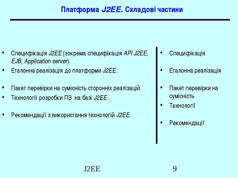 Платформа J2EE. Складові частини Специфікація J2EE (зокрема специфікація API ...