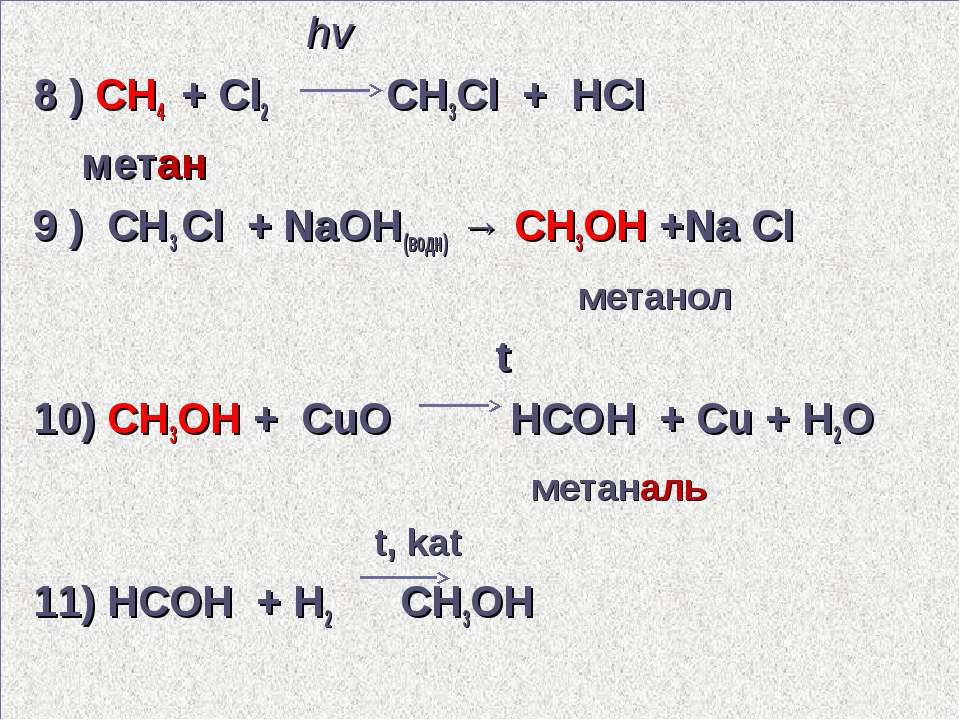 hv 8 ) CH4 + Cl2 CH3Cl + HCl метан 9 ) СН3 Cl + NaОН(водн)