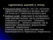 * ГІДРОЛІТИЧНІ БАКТЕРІЇ (I ГРУПА) Кількісний вміст: між 105—106 і 108—109 клі...