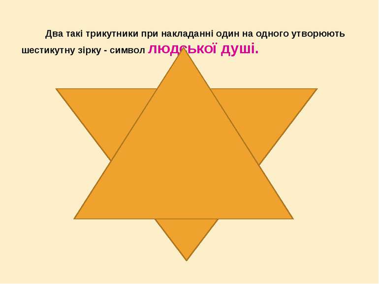 Два такі трикутники при накладанні один на одного утворюють шестикутну зірку ...