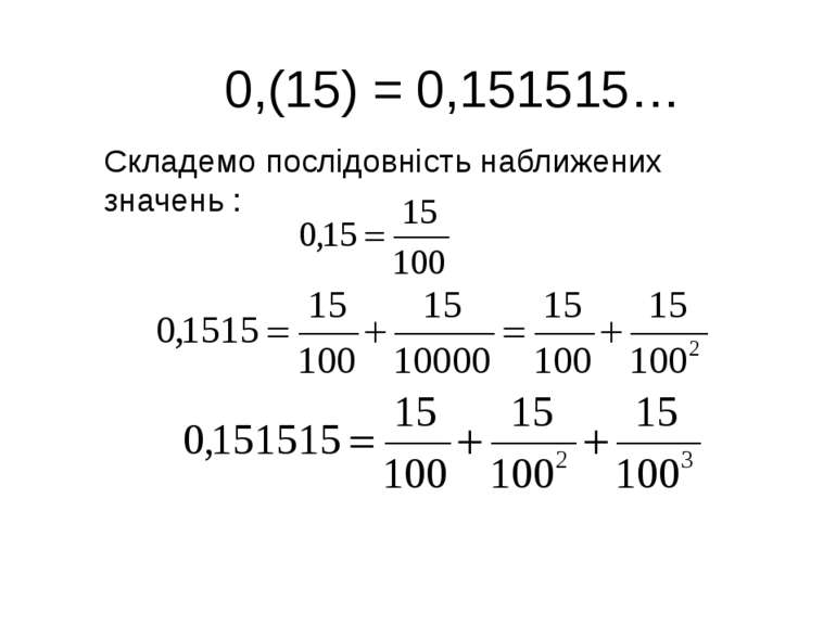 0,(15) = 0,151515… Складемо послідовність наближених значень :