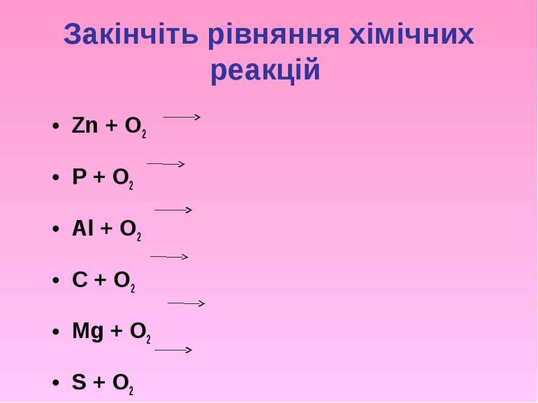 Закінчіть рівняння хімічних реакцій Zn + O2 P + O2 Al + O2 C + O2 Mg + O2 S + O2