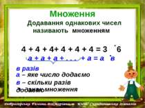 Множення Додавання однакових чисел називають множенням 4 + 4 + 4+ 4 + 4 + 4 =...