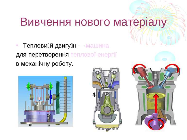 Вивчення нового матеріалу Теплови й двигу н — машина  для перетворення теплов...